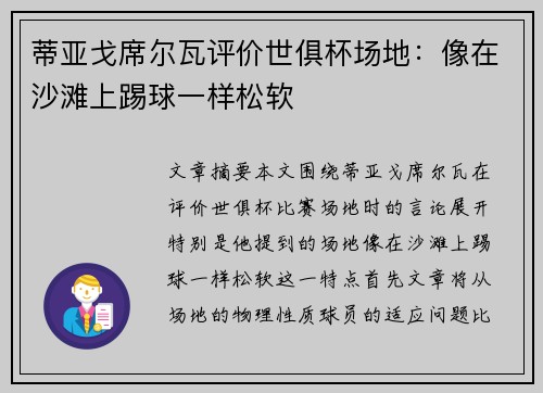 蒂亚戈席尔瓦评价世俱杯场地：像在沙滩上踢球一样松软