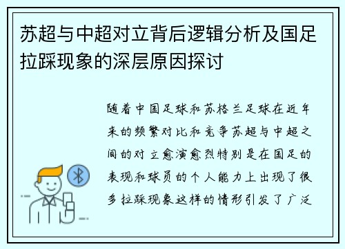 苏超与中超对立背后逻辑分析及国足拉踩现象的深层原因探讨