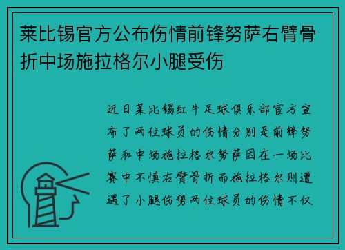 莱比锡官方公布伤情前锋努萨右臂骨折中场施拉格尔小腿受伤